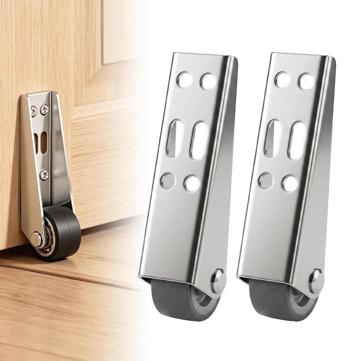 2 Pcs Vertical Track Roller Wheel, Rubber Rolling Swivel Casters Sliding Door Bottom Guide, Anti-Wobble Door Stop, Nylon Wheel & Aluminum Bracket, Smooth Quiet Sliding, Easy to Install Replacement Parts for Barn Door, Cabinet, Closet Organizer