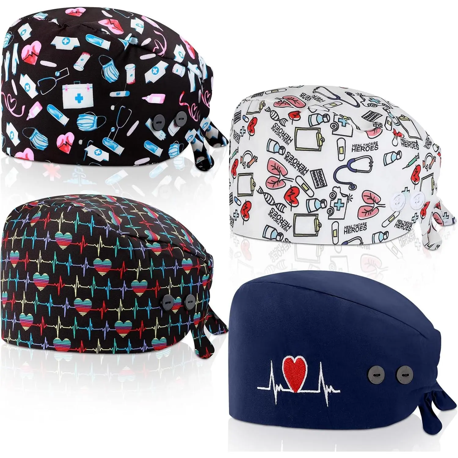 4 count Nurse Caps for Women  Working Caps with Button and Sweatband Adjustable Elastic Scrub Hats for Yifanyou Sports