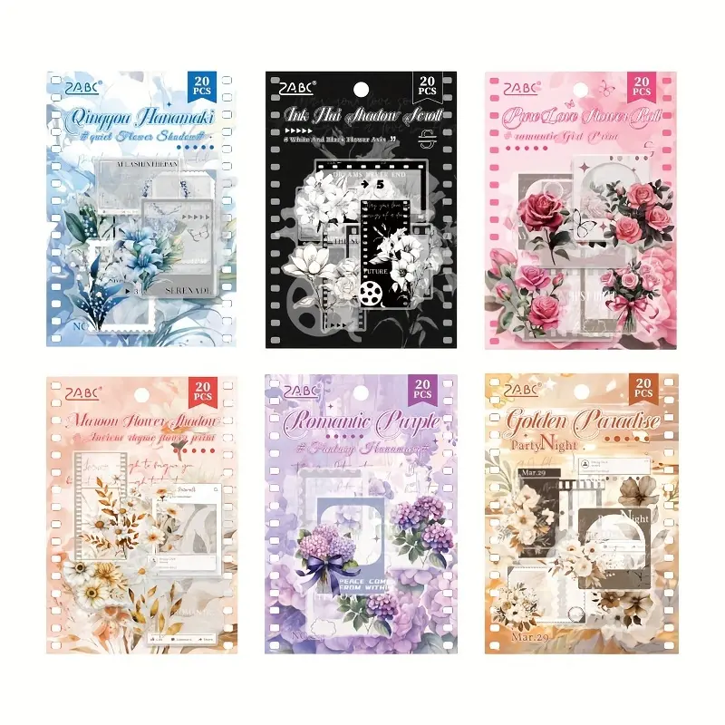 120 Pcs (6 Packs) Vintage Vinyl Photo Frame Scrapbook Stickers PET Floral Pattern Aesthetic Decorative Stickers Self-Adhesive Photo Frame Stickers for Journal Supplies Album Planner Diary Decoration