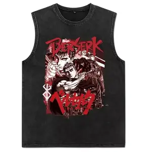 Retro Berserk Anime Washed Tank Top, Gym Essential, Vintage Casual Crewneck Short Sleeves Menswear T-shirts Classic Cotton Fabric Streetwear