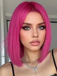 Hot Pink Wigs for Women Hot Pink Bob Short Straight Magenta Wig Middle Part Synthetic Heat Resistant Cosplay Costume Party Wigs Easy To Install