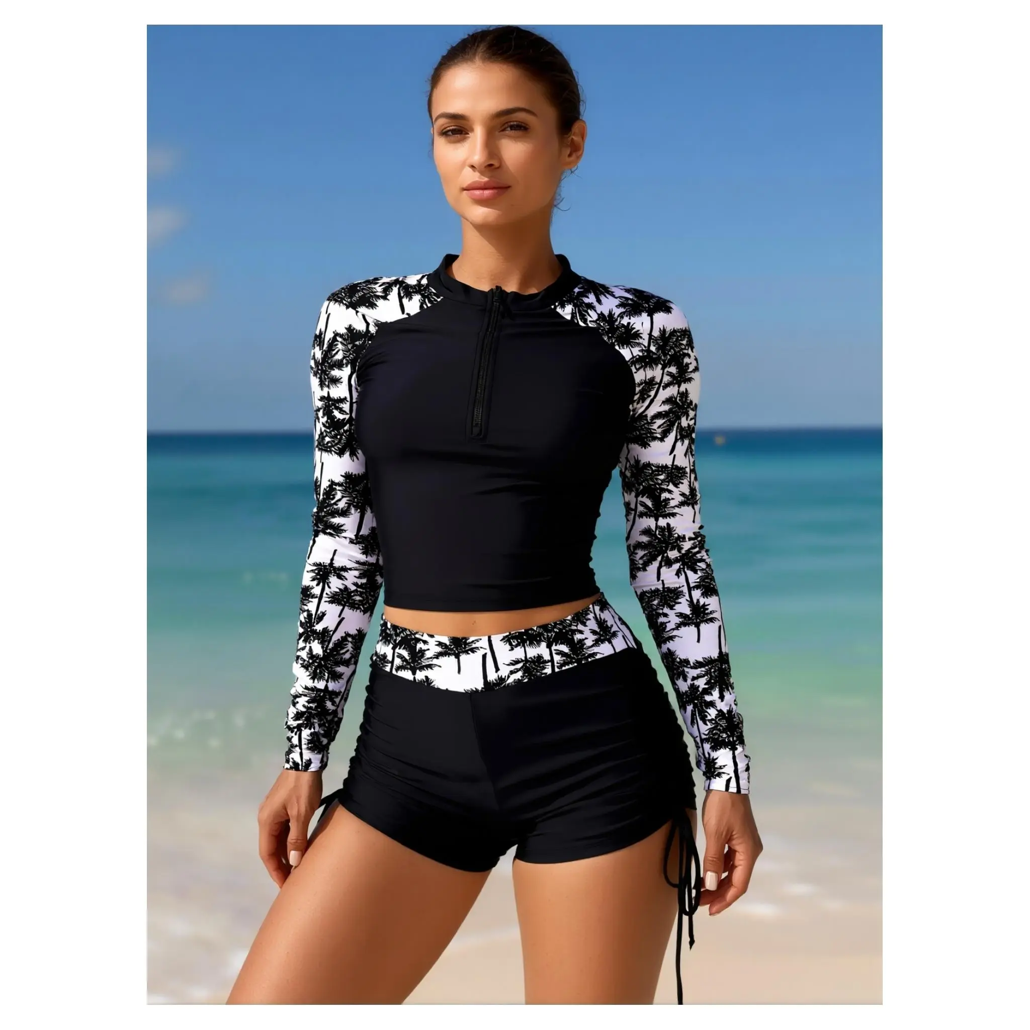 Women's Modest Multicolor Palm Tree Print Rash Guard Set - Long Sleeve UPF 50+ UV Protection Synthetic Swim Shirt & Elastic Waistband Shorts, Quick Drying Machine Wash Active Surfwear for Beach, Snorkeling