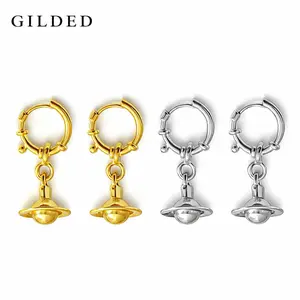 GILDED Saturn Orb Drop Hoop Earrings Gold & Silver Jewelry