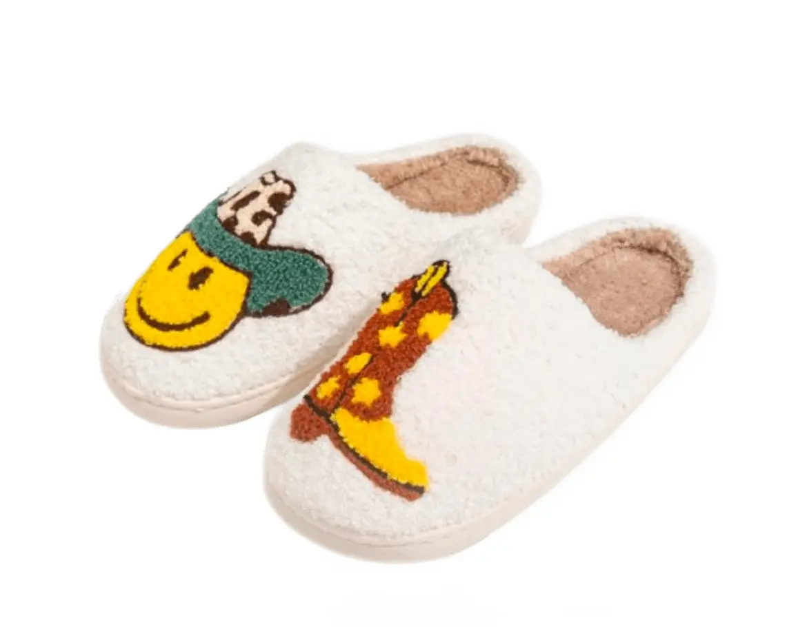 Plush Happy Face Cowboy & Boot Slide On Slippers