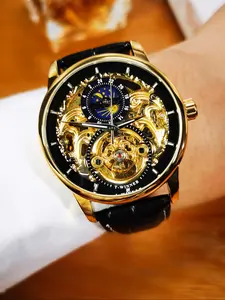 1pc Classic Retro Skeleton Automatic Mechanical Watch for Men Luminous Hands Tourbillon Design Top Brand Leather Strap Fashion Business Luxury Mens Watches Luminous Analog Watch Gifts With Box