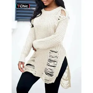 Women’s plain ripped drop-shoulder sweater with split hem, street fashion long-sleeve crewneck jumper for daily outdoor wear, breathable knitwear for fall and winter gift??