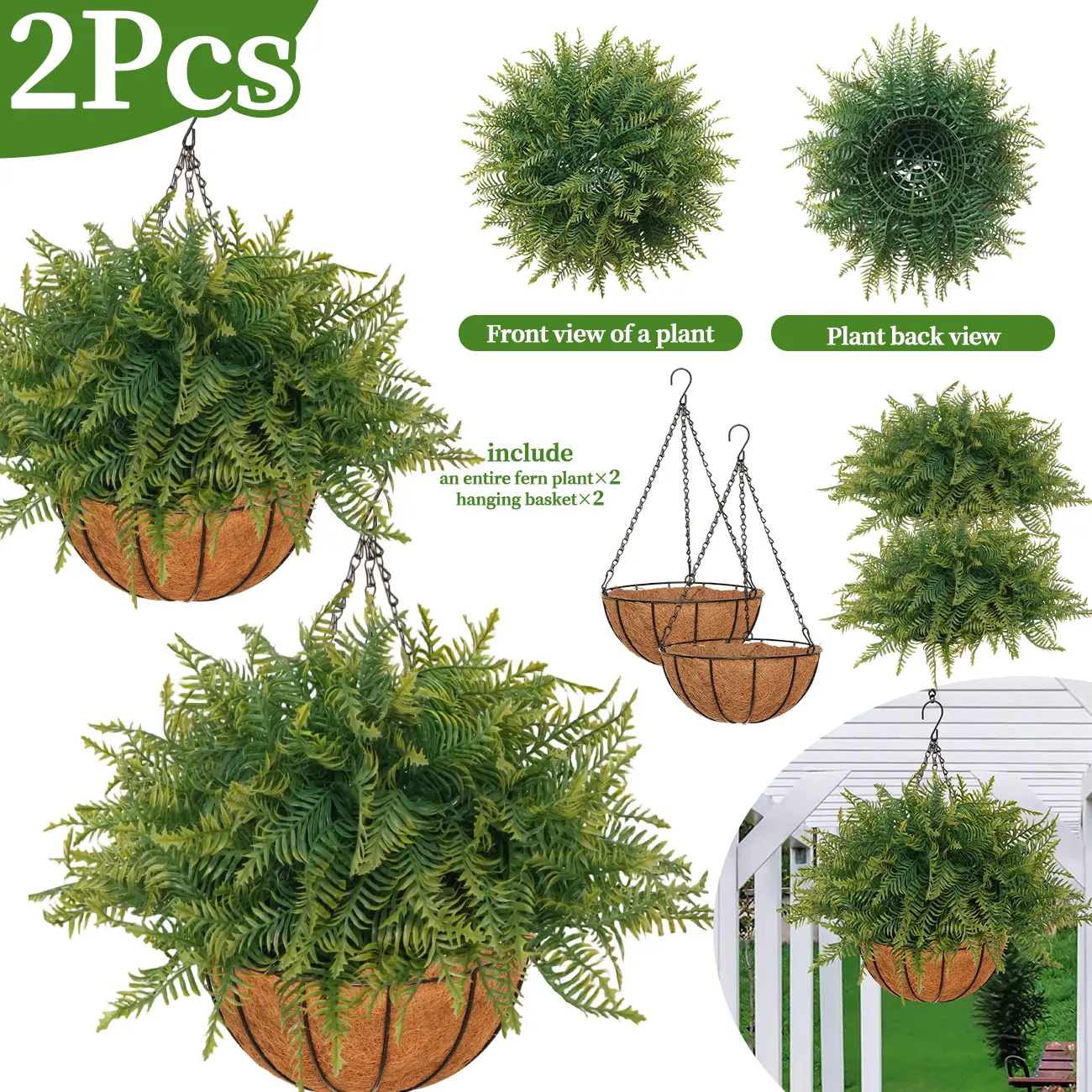 2PCS Decorative Fern Hanging Baskets - No Assembly Required, Ready-to-Use Balcony Artificial Plants, UV-Resistant, Rainproof Outdoor Decor for Porch Patio summerwins