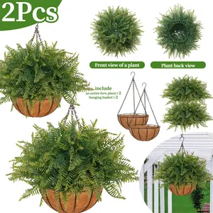 2 Set Artificial Hanging Fern Plants, Pre-Assembled Fake Hanging Ferns with Hanging Basket, UV Resistant Faux Fern Plant for Outdoor Patio Garden Home Decor