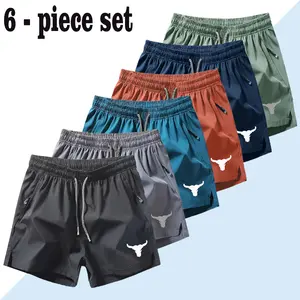 6-Pack Summer Men's Bull Head Print Sport 4-Quarter Shorts, Daily Wear Cost-Effective Combination Options, Zipper Pocket, Split Hem