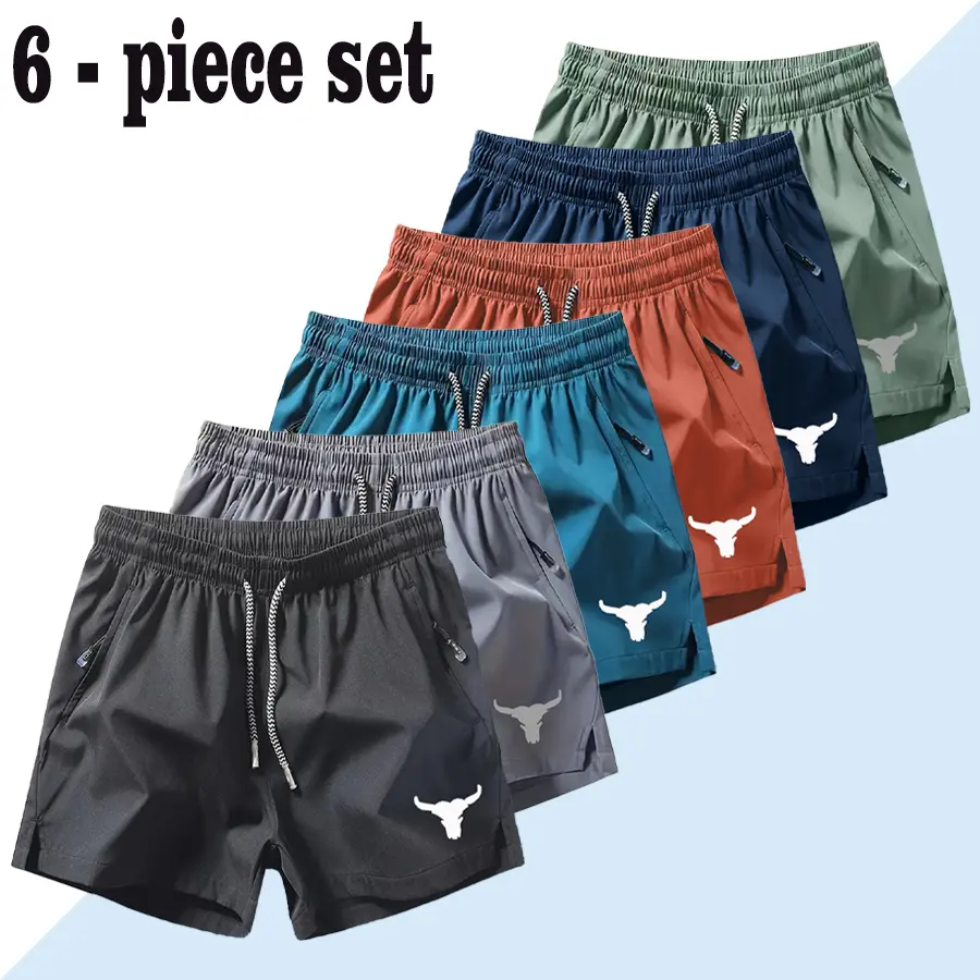 Men's 6-Pack Fitted Active Athletic Running Shorts with Bull Head Print, 4-Quarter Split Hem, Zippered Zip Pockets, Drawstring Waist for Summer, Men's Shorts, Belted, Above The Knee, Outdoor, Xl, Active Wear, Zipper Pocket