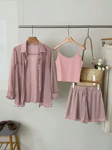 [Plus Size] Three-Piece Set  Solid Color, Basic Casual Fashion Set Short Sleeve Button Up Shirt & Crop Cami Top & Shorts Set for Daily Wear, Women's Clothes for All Seasons, Suits, Womenswear, Casual Loungewear Set