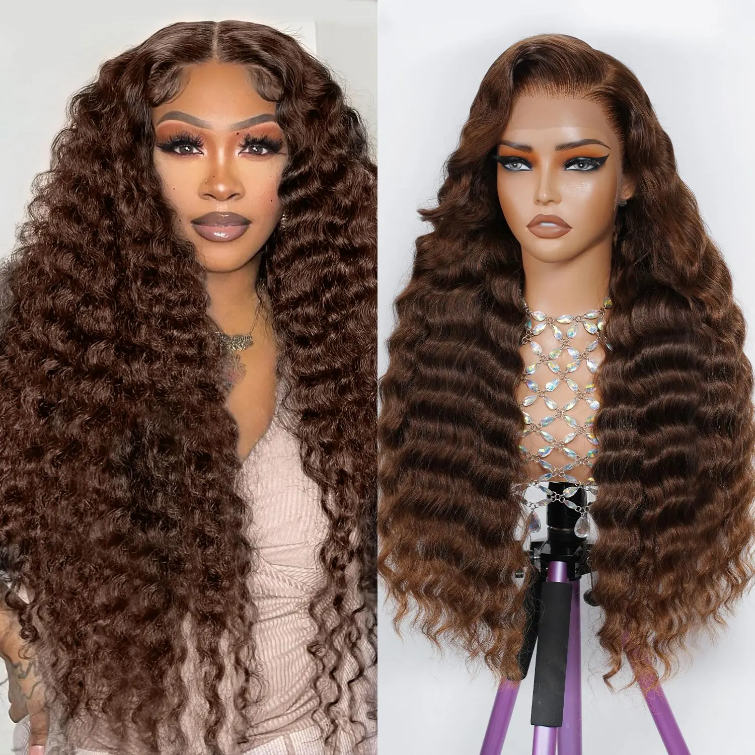 30 Inch Chocolate Brown Deep Wave 13x4 Lace Front Wigs Human Hair 180 Density 13x6 HD Lace Frontal Wigs Curly Human Hair Brown Glueless Wig For Women Pre Plucked with Natural Hairline