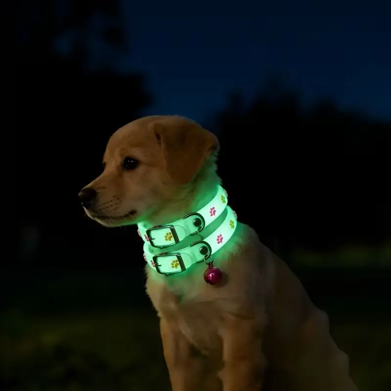 2 Pcs Random Color Pet Glow Collar, Night Light Cute Pet Collar, Paw Print Glowing Collar, Safe Anti-Lost Collar for Small Dogs and Cats, Kittens