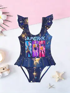 Girls' Cartoon Anime Print One-Piece Swimsuit, Ruffle Hem Swimwear, Casual Sleeveless Design, All over Print, Swimsuit Style