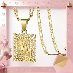 Initial Letter Pendant Necklace for Men Womens,  Gold Plated Square Capital Monogram Necklace Alhpabets from A-Z Figaro Chain Necklace Valentine's Day Gifts
