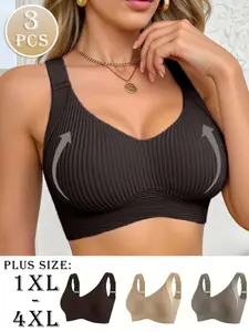 Women's Breathable Full-Coverage Adjustable Bra, No Steel Cup, Large Size, Suitable for Sports, Yoga, Running, 3 Pack, Wireless Sports Bras