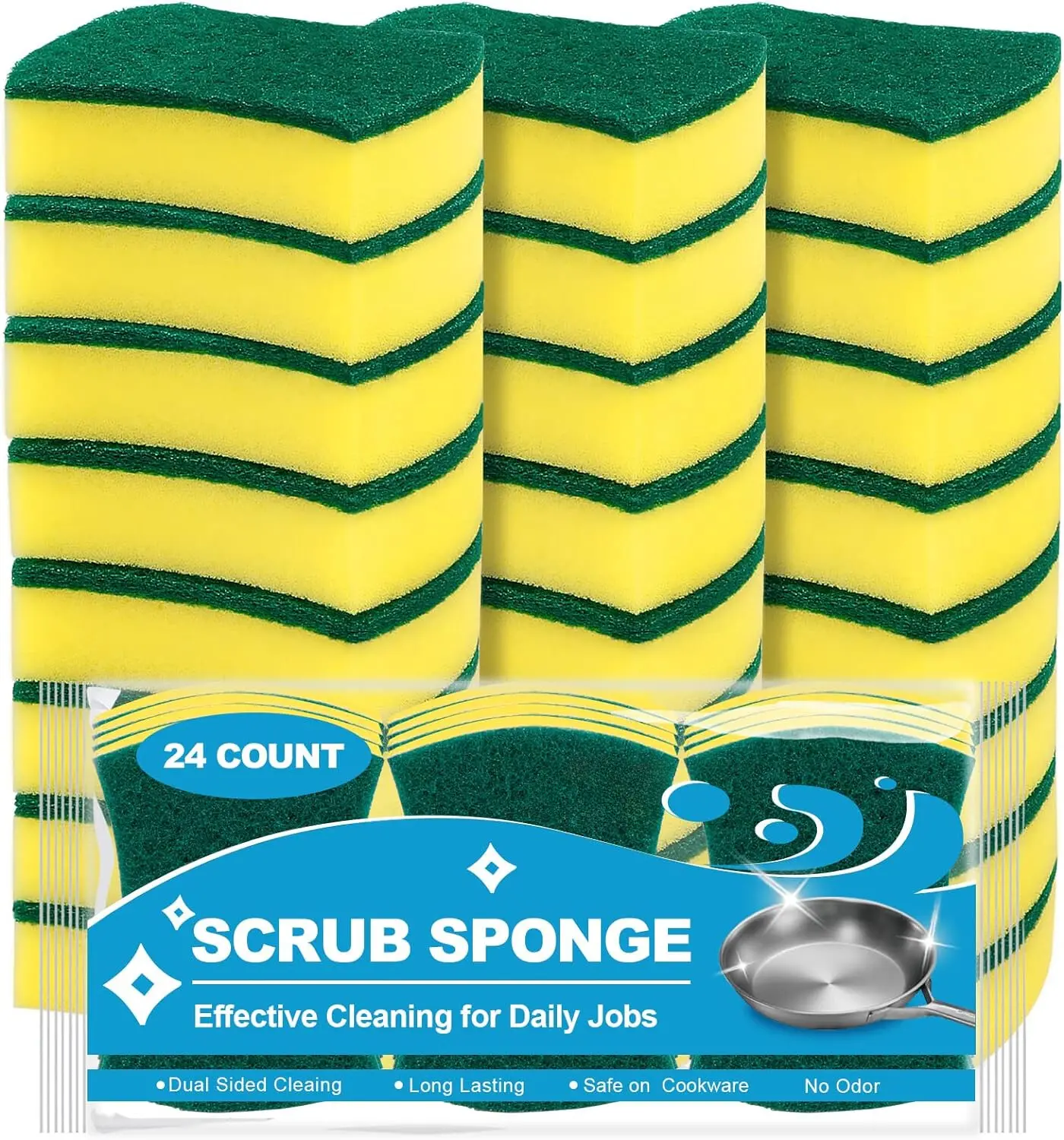 24 Pcs Scrub Sponges Kitchen, Heavy Duty Dish Sponge for Cleaning, Dual Sided Powerful Scrubbing Sponge for Washing Dishes, Pots, Pans and Surfaces