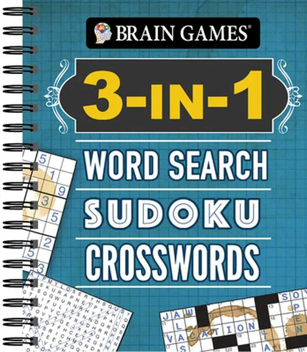 English 3-In-1 Brain Games Book - Word Search, Sudoku, Crosswords - Publications International Ltd, Spiral/Comb/Coil Bound, 1.15 lbs, 9.1" h x 7.8" l x 0.9" w, Answers in the Back for Comfortable Puzzle Solving