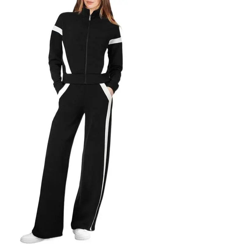 Women's 2-Piece Casual Workout Loungewear Set - Memory Stretch Full-Zip Bomber Jacket, Wide Leg Sweatpants with Pockets, Athletic Activewear Tracksuits