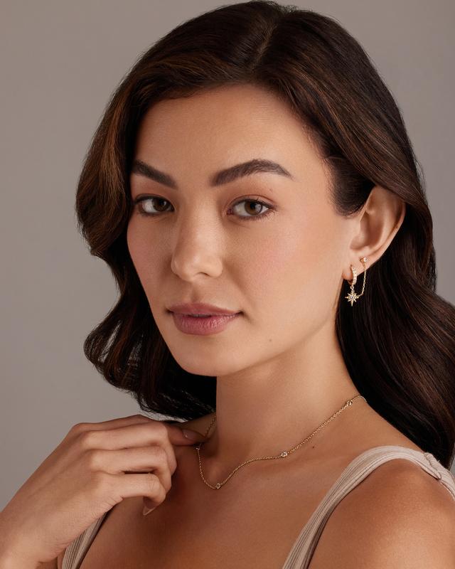 PAVOI 14K Gold Chain Earrings for Women | Double Piercing Dangle Chain Huggie Hoop Earrings | Cubic Zirconia Star Stud Ear Cuff Earrings for Women