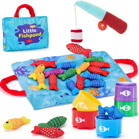 hahaland Toddler Fishing Set - 10-in-1 Unisex Cloth Fishing Game with Stacking Cups, Ocean Mat, Stackable Buckets, 22 Pcs Montessori Cognitive Toys for 1-2 Year-Olds, Baby Items, Toddler Girl Stuff, Kid Stuff for Boys Christmas & Birthday Gifts