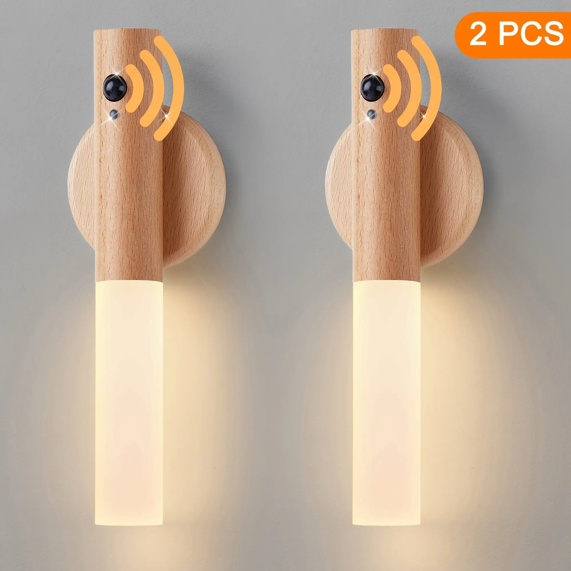 2 Pieces Modern Beech LED Wall Sconce with Motion Sensor-Rechargeable, Magnetic Night Light, Suitable for Bedroom, Stairs and Corridor Decoration