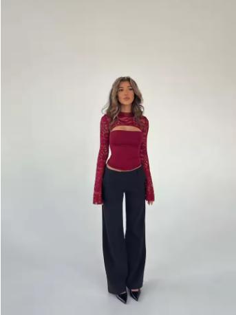 Elegant Lace Patchwork Long Sleeve Fitted Top, Sexy Hollow Out Design, Perfect for Bar Parties and Vacation, Versatile Women's Blouse