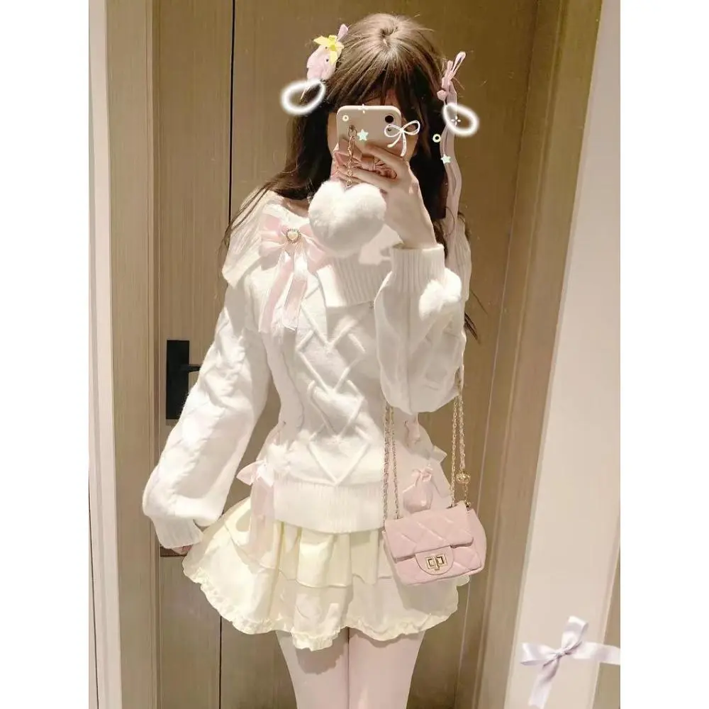 2026 Sweet Cute Off Shoulder Slim Knit Long Sleeve Sweater Women Kawaii Warm Spring  Preppy Style Bow White Japanese Knitwear