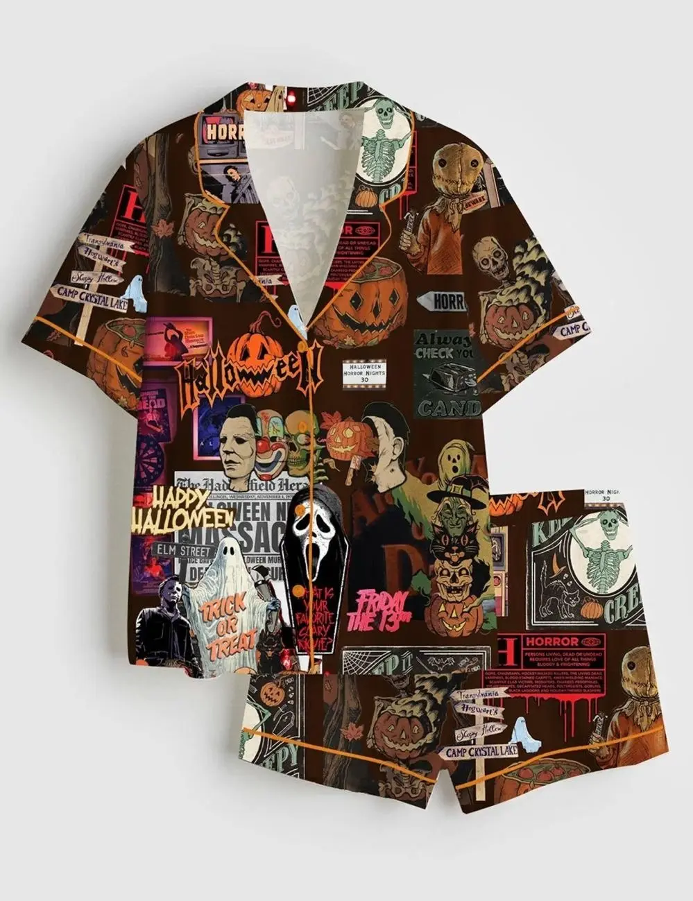Women’s Retro Horror Movie Halloween Enjoyer Thri/ller Retro Ghost Pumpkin Short Sleeve Satin Pajama Set, Pajama Nighwear Set for Her