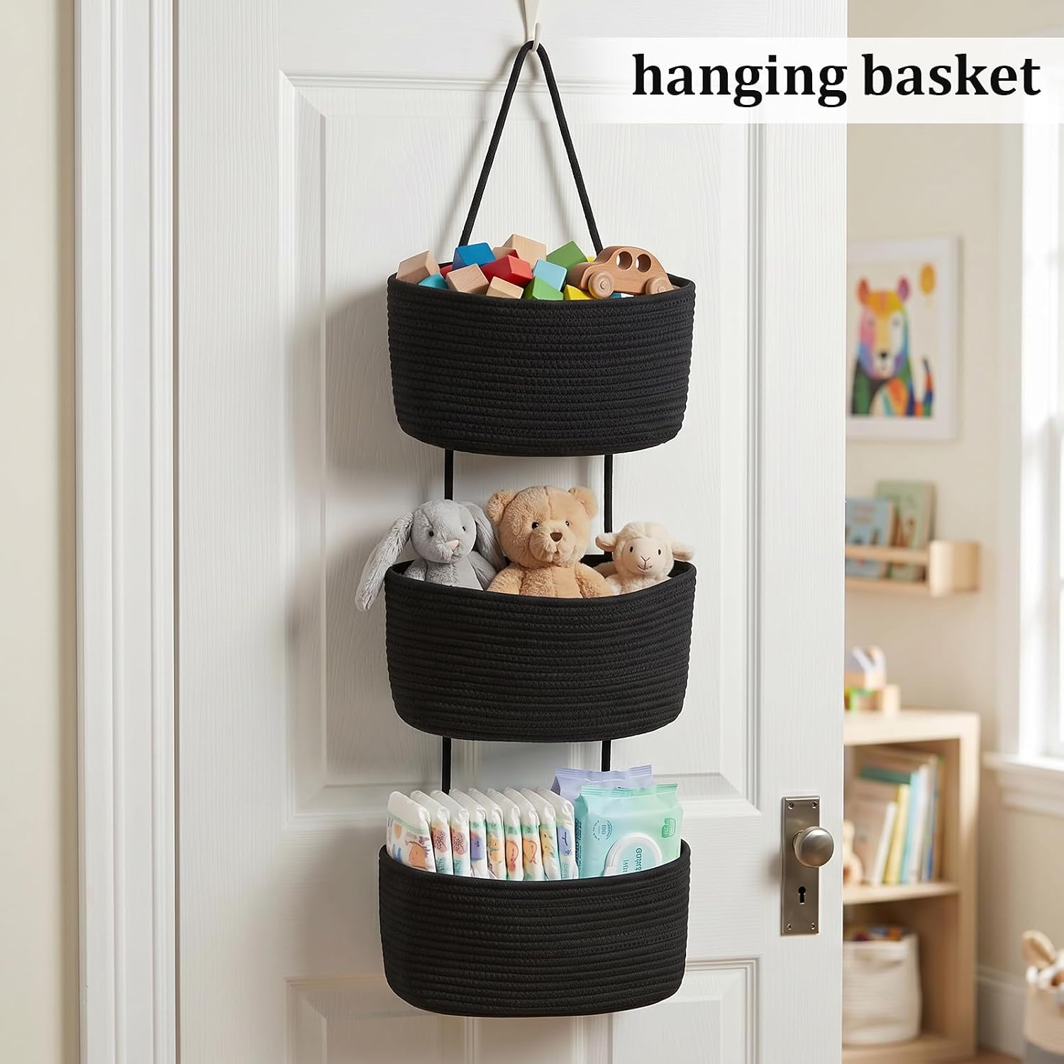 14in 3-Tier Woven Cotton Over-The-Door Hanging Basket Organizer with Handles, Multifunctional Storage for Bathroom Beauty Essentials, Closet Organization, Room Storage