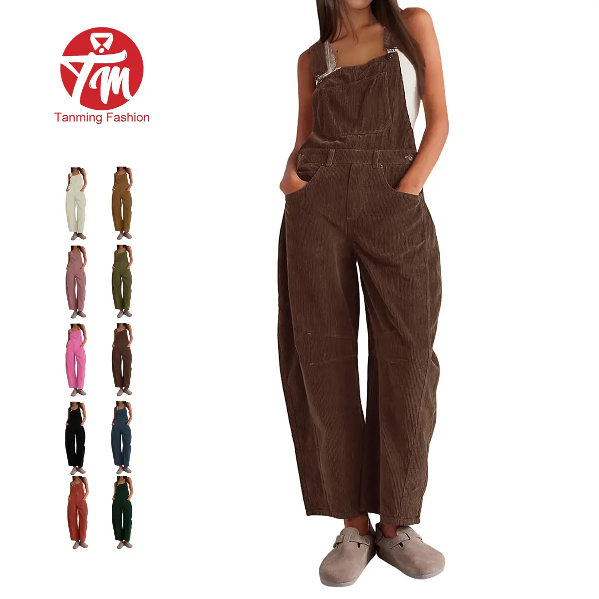 Tanming Corduroy Overalls for Women Barrel Wide Leg Bib Corduroy Pants Women Adjustable Romper Jumpsuit with Side Buttons and Pockets for Loose Fit Outfits, Strap, Sleeveless