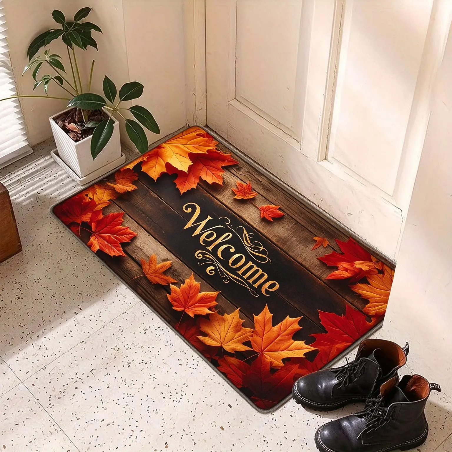 1 Pack Fall Maple Leaf Welcome Pattern Non-Slip Machine-Washable Flannel Doormat, Bathroom Entryway Floor Rug for Autumn Harvest Home Decor, Entryways/Bathrooms