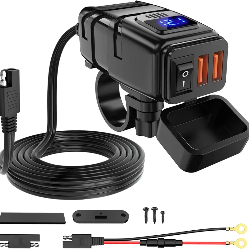 Nilight 12V Vehicle USB Phone Charger - Auto Accessories, 6.8A Dual QC3.0 Ports (2 Devices at 3.4A), 2.5A 9V Output, 10A Inline Fuse, SAE Adapter, Independent On/Off Switch, Voltmeter, Waterproof Cap, 7/8in Rubber Handlebar Mountable for Cars, Motorcycles