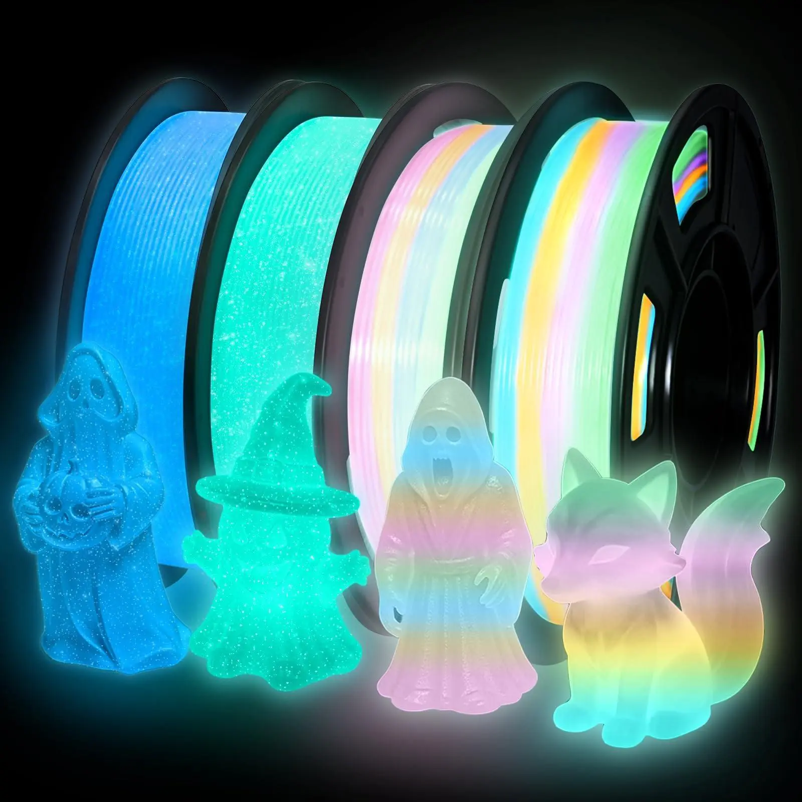 1kg PLA+Filament 1.75 mm,Glow in The Dark PLA+3D Printer Filament, , Stronger Lighting Effect, Glow Filament Multicolor for Most 3D Printers, PLA Based, Fast Print, Glossy Finish, Low Warpage,4 Spools 250g Each