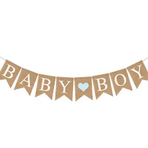 Pre-Strung Baby Boy Burlap Banner, Gender Reveal Banner for Baby Shower Party Decorations (Light Blue Heart)