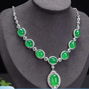 2026new style Chalcedony Set: Ice-Texture Chalcedony Pendant, Necklace, Earrings, Ring, and Bracelet – Luxury Inlaid Green Chalcedony Four-Piece Set
