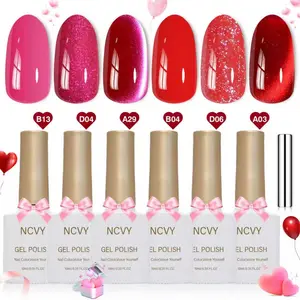 NCVY6 Color Set Red and Pink Cat Eye Glitter, Glossy Solid Color Gel Nail Polish with Magnetic Tool. Long-lasting formula, LED curing, salon quality, for home DIY, ideal gift for Valentine's Day and spring, safe formula without HEMA irritants