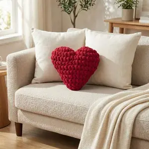 Red Crochet Heart Plushie Pillow | Handmade Chunky Yarn | Accent Decor