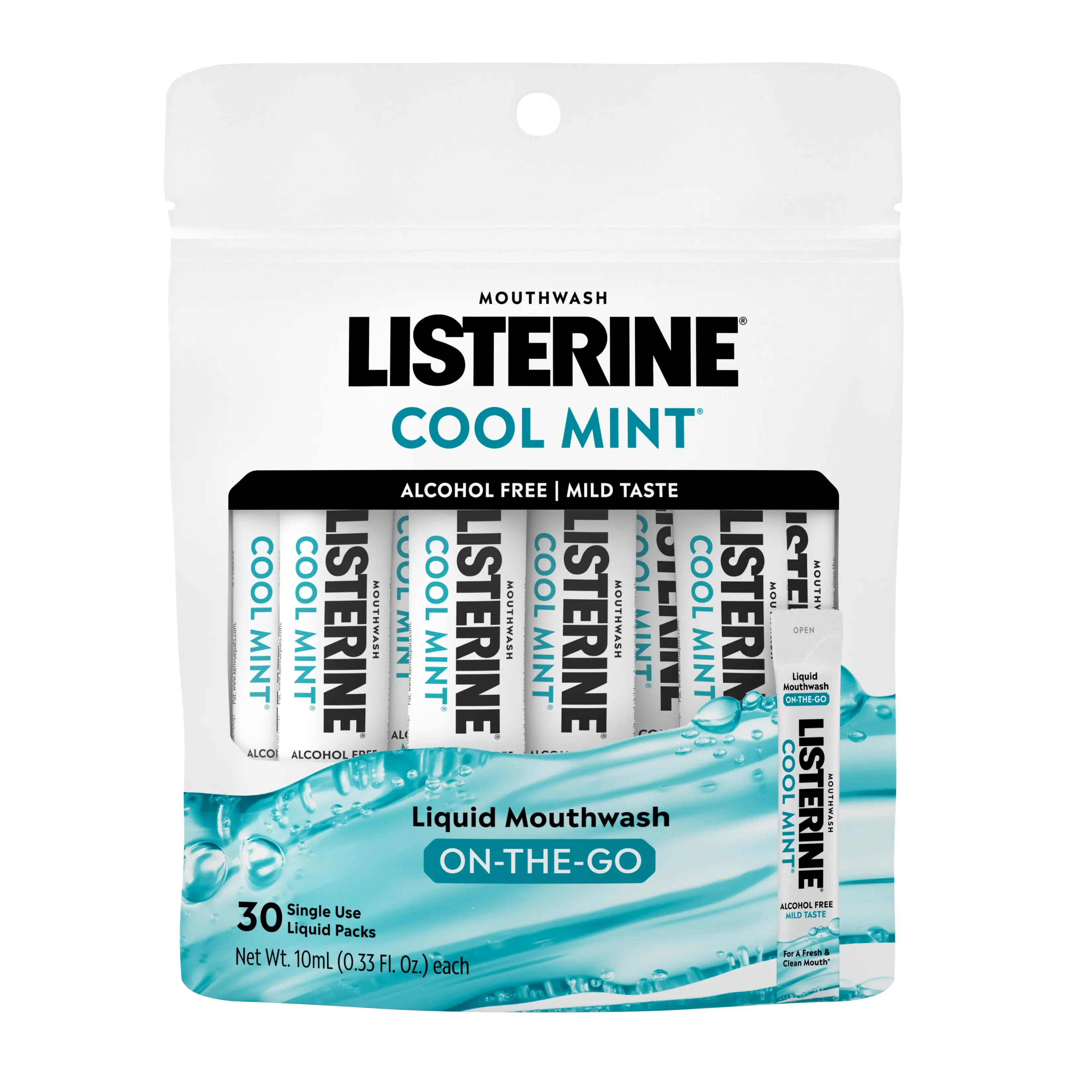 Listerine On-The-Go Cool Mint Alcohol Free Mouthwash Packets, 0.33 fl oz, 30ct