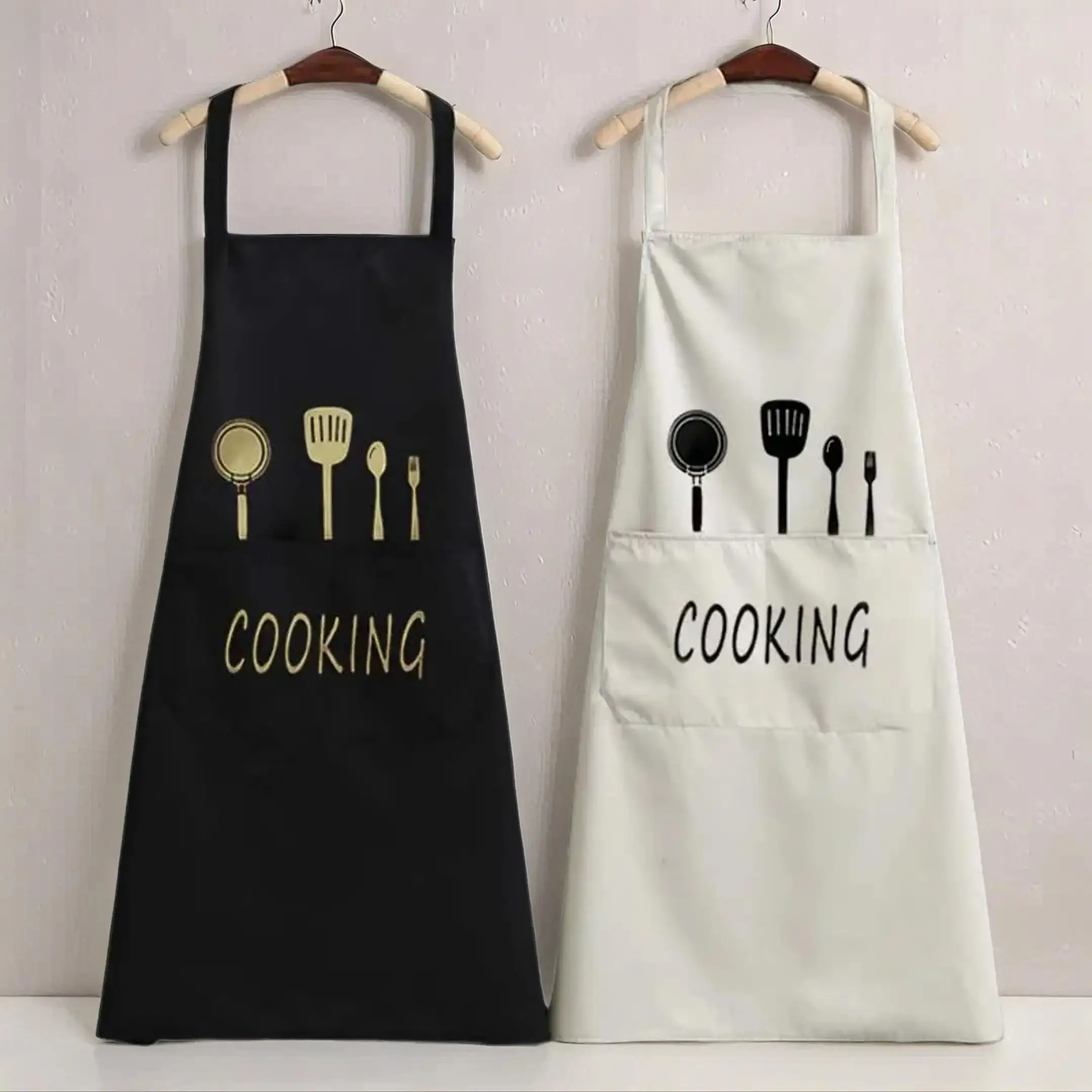 Letter & Cookware Pattern Novelty Cooking Aprons, 1 Count Waterproof & Oil-proof Apron Cotton with Pocket, Kitchen Cooking Apron for Men & Women, Home