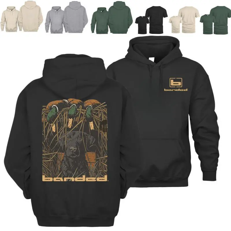 Banded Duck Hunting Hoodie Tshirt – Labrador Dog with Flying Ducks Vintage Sweatshirt, Waterfowl Hunting Pullover Hoodie, Outdoor Hunting Apparel for Unisex