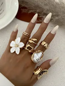 Women's Floral Design Rhinestone Ring Set, Elegant Pearl Jewelry Series, Daily Wear Accessories, Party Gift Ideas, Stackable Rings
