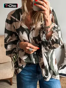 Women's Floral Print Long Sleeve Blouse, Casual Button Top for Daily Wear, Ladies Clothes for All Seasons, Womenswear