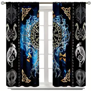 2pcs Viking Mythology Curtains, Nordic Runestone & Dragon Print, Vintage Art Decor, Polyester, Semi-Transparent, Hand Washable, Home Decoration, Window Curtain