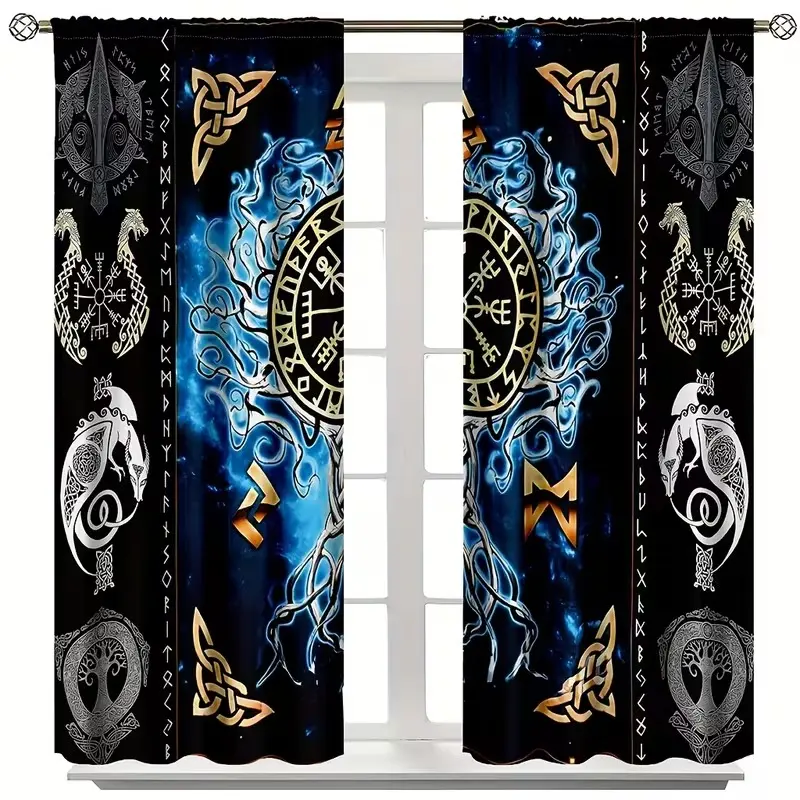 2pcs Viking Mythology Curtains, Nordic Runestone & Dragon Print, Vintage Art Decor, Polyester, Semi-Transparent, Hand Washable, Home Decoration, Window Curtain
