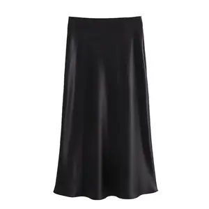 Women Fashion Satin Solid Pleated Midi Skirt Vintage Mid Elastic Waist Female Chic Lady Skirts