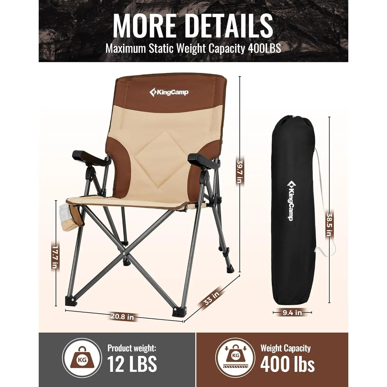 KingCamp High Back Camping Chair, Adjustable Heavy Duty Outdoor Lounge Chair with Head & Back Support, Folding Chair with Cup Holder and Storage Pocket for Camping, Fishing, Patio & Backyard