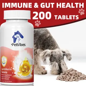 PetVibes Pet Lactoferrin | Ultimate Immune Booster & Digestion Support for Dogs & Cats | with L-Lysine, Bromelain & Vitamins for Skin & Coat | 200 Tabs