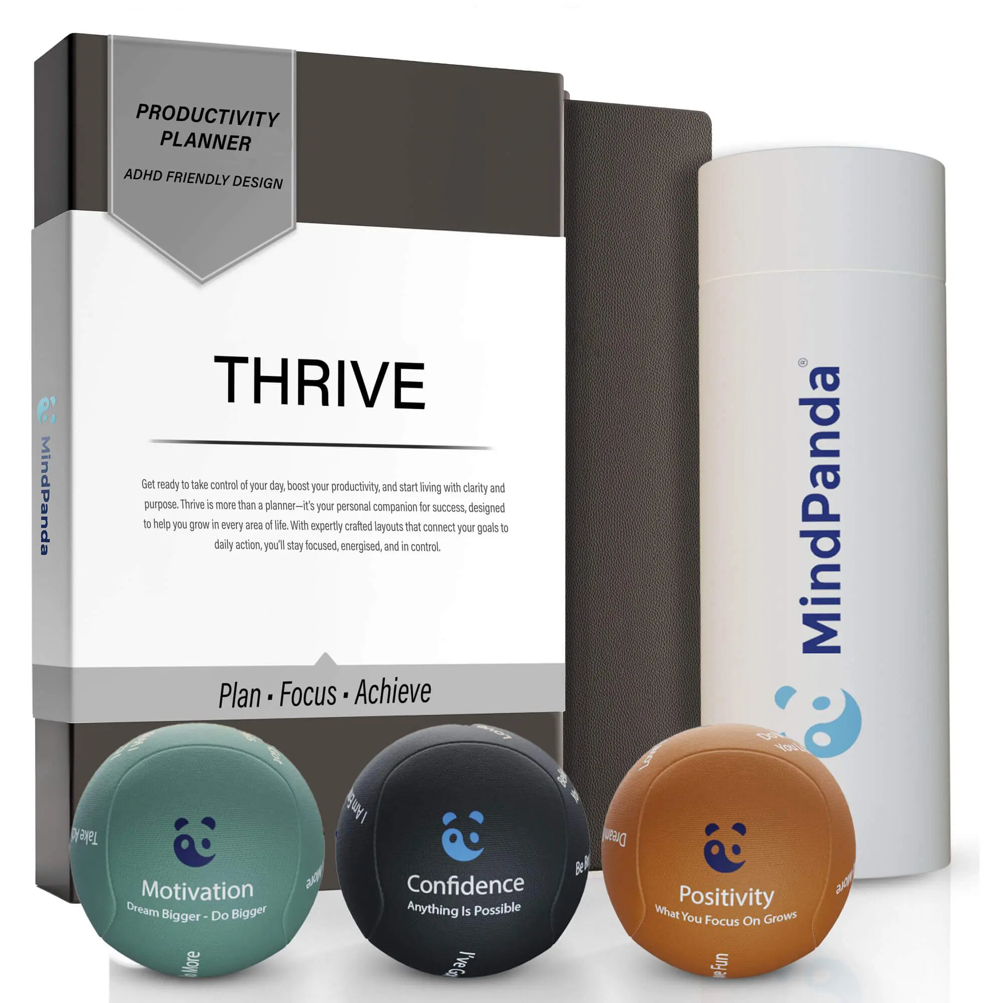 MindPanda Thrive Bundle – A5 Productivity Planner & 3x Aromatherapy Motivational Stress Ball Set | Desk Focus & Stress Relief Set