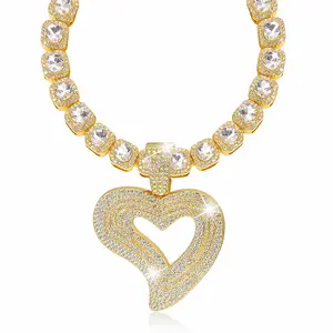 Row Clustered Diamond Tennis Necklace with Heart Shaped Pedant Gold Silver Plated Hip Hop Rappe Cubic Zircon Baguette Chain Luxury Square Tennis Chain with Sliver 18K Gold Plated Heart Pendant Ideal Jewelry for Daily Wear Gift for Men Women Boys, Girls
